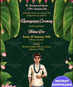 Rich Green Dhoti Function Invitation with Lotus Blossoms, Hanging Garlands, and Traditional Attire