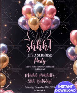 Shimmery Surprise 50th Birthday Invitation with Metallic Balloons and Starry Night Background