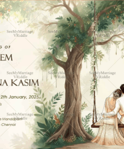 Swing Design Wedding Invitation with Bride and Groom Illustration and Forest Theme