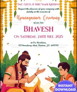 Traditional Upanayanam Ceremony Invitation with Havan Ritual Illustration and Festive Marigold Garlands