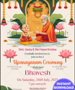 Traditional Upanayanam Ceremony Invitation with Ritual Scene, Temple Backdrop, Marigold Garlands, and Lotus Motifs