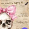 Vintage Halloween Party Invitation with Skull Illustration, Pink Bow, and Spider Web Accents
