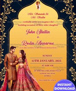 Stunning Wedding Invitation Card with Bride & Groom Illustration, Gold Accents & Traditional Art
