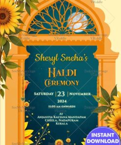 Sunflower & Marigold Decor Haldi Invitation with Traditional Arch Design and Moonlit Sky