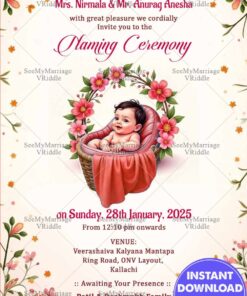 Pastel Theme Naming Ceremony with Smiling Baby Sitting in a Basket and Pink Flowers