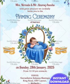 Soft Blue & Basket Design Naming Invitation for Baby Boy with Flowers