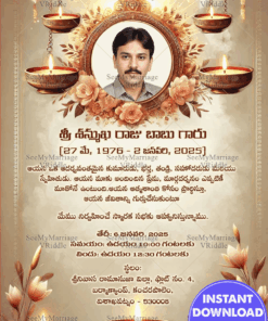 Beautiful Memorial Invitation with Portrait, Golden Frame & Oil Lamps