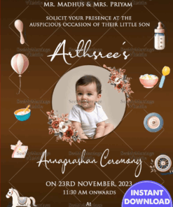 Brown-Themed Annaprashan Invitation with Custom Photo, Baby Rattles, Rocking Horse, Toys