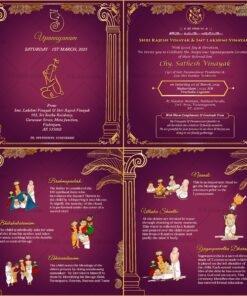 Purple and Gold Elegant Upanayanam Ceremony Card with Family Event Details & Ritual Illustrations
