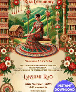 Heritage Swing Risa ceremony Invitation with Flowers and Traditional Architecture