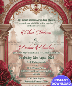Red Roses and Staircase Wedding Invitation Card with Golden Arch Design