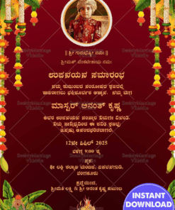 Regal Maroon Upanayana Invitation Card with Sacred Fire & Festive Decor
