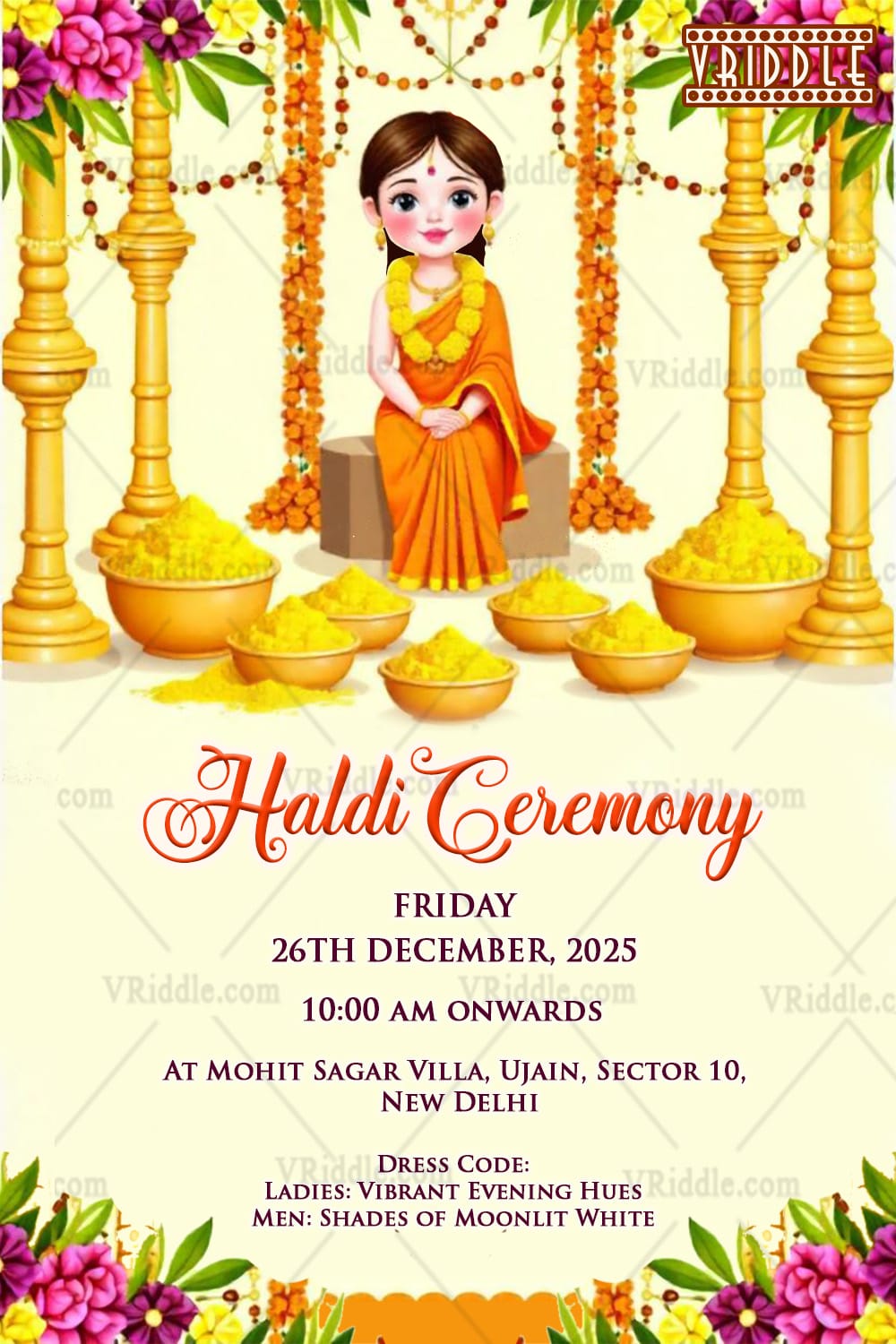 Yellow-Themed Haldi Invitation Card with Cute Bride Illustration & Ritual Setup - Image 2