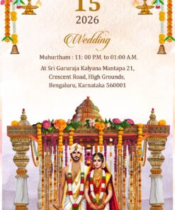 Lotus and Peacock Theme Kannada Wedding Invitation Video with Bride & Groom Illustration, Mandapam Setting and Floral Arch
