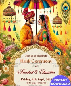 Peacock Feathers & Multicolored Umbrella Haldi Invitation with Bride and Groom in Traditional Attire