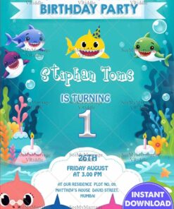 Cartoon Sharks and Ocean Theme for Kids Birthday Party Invitation with Bubbles