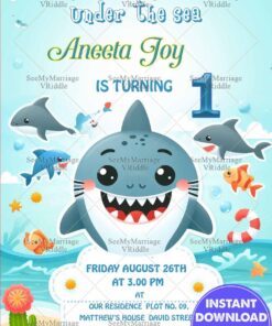 Smiling Shark and Blue Background Birthday Invitation Card with Under The Sea Theme