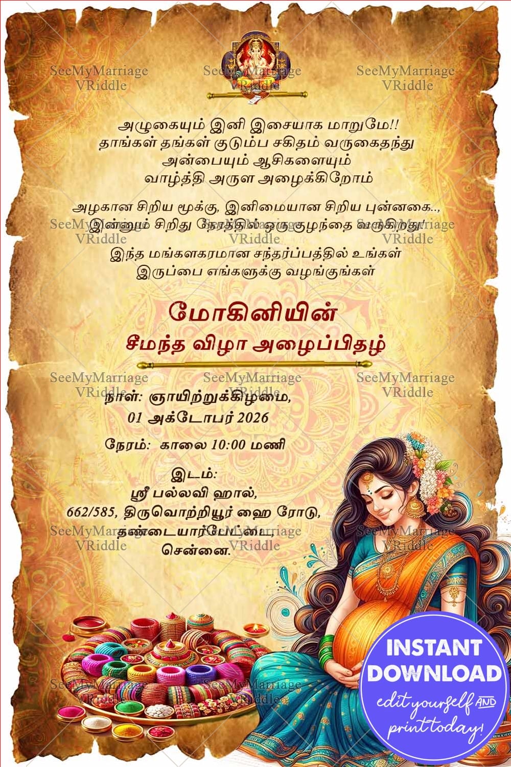 Orange and Blue Saree Tamil Valaikappu Ceremony with Bangles, Kumkum and Gold Theme
