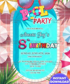 Swimming Pool and Sunglasses Pool Party Invitation with Umbrellas and Palm Leaves