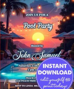 Sunset & Resort Theme Pool Party Invitation with Beachside Theme
