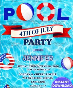 American Flag Themed Floaties Pool Party Invitation Card