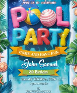 Colorful 3D Pool Party and Birthday Invitation with Balls, Seashells, Tropical Leaves and Starfish