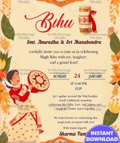 Orange and Yellow Bihu Invitation Card with Woman Holding a Hand-Held Drum, Leaves, Rice Stalks and Flowers