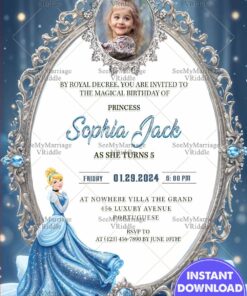 Cinderella Birthday Invitation for a Little Girl with Silver Jewel-Adorned Mirror Frame
