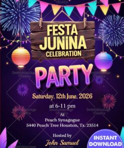 Purple Theme Festa Junina Celebration Party Invitation Card with Lanterns and Fireworks