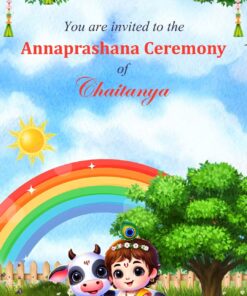 Baby Krishna Theme Annaprashana Ceremony Video with Sitting Beside a Cute Calf, Rainbow and Pond, Pink Lotus
