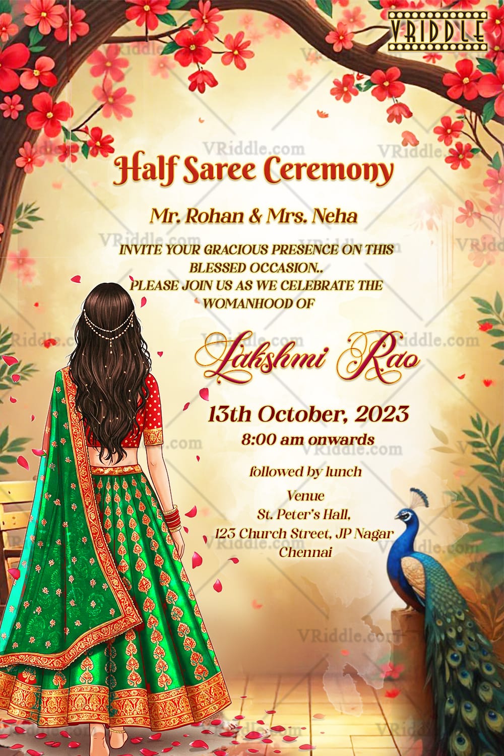 Green and Red Festive Peacock Half Saree Invitation with Rose Petals - Image 2