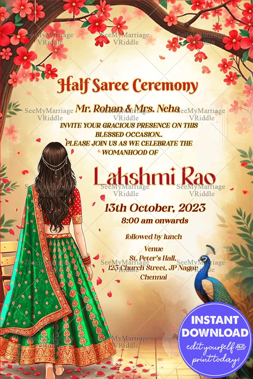 Green and Red Festive Peacock Half Saree Invitation with Rose Petals