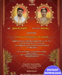 Red Background Telugu Wedding Invitation Card with Add Couples Photos, Kalash and Banana Leaves