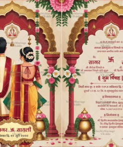 Red and Gold Marathi Wedding Invitation with Bride and Groom Back Facing