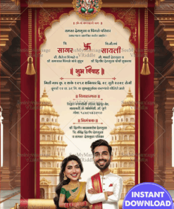 Temple Theme & Scroll Marathi Wedding Invitation Card with Bride & Groom Illustration