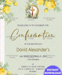 Golden Cross Confirmation Invitation with Elegant Yellow Floral Design