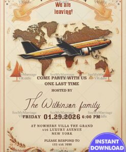 Beige Theme & Airplane Farewell Invitation Card with World Map and Floral Design