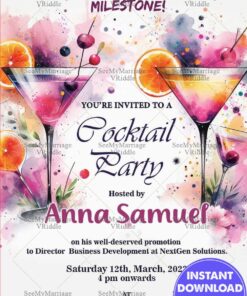 White Background Cocktail Party and Promotion Party Invitation Card with Martini Glasses and Cherries, Citrus