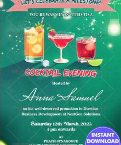 Green Background Cocktail Party and Promotion Party Invitation Card with Glasses and Sparkles