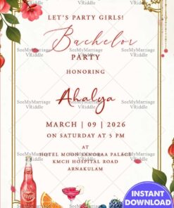 Bachelor Party Invitation With Cocktail Glass, Orange Slice, Bottle and Flowers