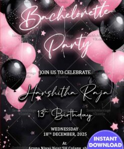 Pink and Black Balloons Theme Bachelorette Party and Birthday Party Invitation Card