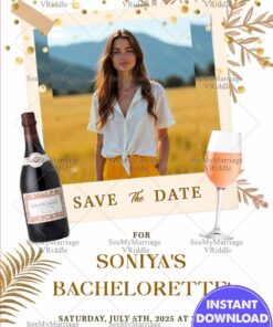 Golden Confetti Bachelorette and Save the Date Card with Add Photo and Bottle of Bubbly, Glass