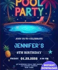 Neon Pool Party and Birthday Invitation with Tropical Night Theme, Palm Trees, Stars and Glow Effects