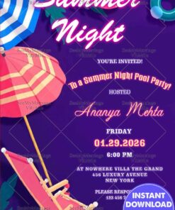 Summer Night Pool Party Invitation with Lounge Chair and Umbrellas