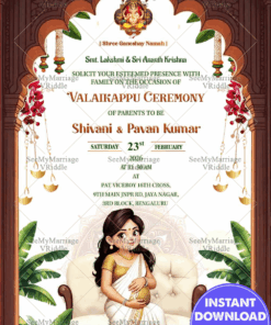 Traditional Valaikappu Ceremony Invitation Featuring a Graceful Pregnant Lady Illustration and Festive Floral Decorations