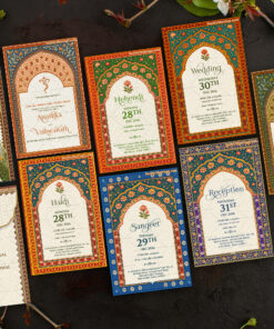 Royal Arch Wedding Invitation Card Set with Floral and Peacock Illustrations