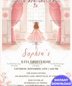 Ballerina Birthday Invitation with Dreamy Pink Theme and Little Girl Illustration
