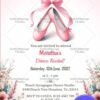 Dance Recital Invitation Card with Pink Ballet Shoes Tied with Ribbon Bow and Floral Accents