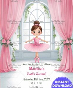 Ballet Recital Invitation Card with Cute Girl Dance Pink Tutu and Floral Curtains