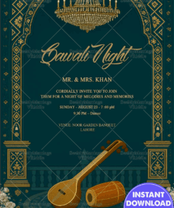 Royal Qawali Night Invitation Elegant Green and Gold Theme Musical Celebration